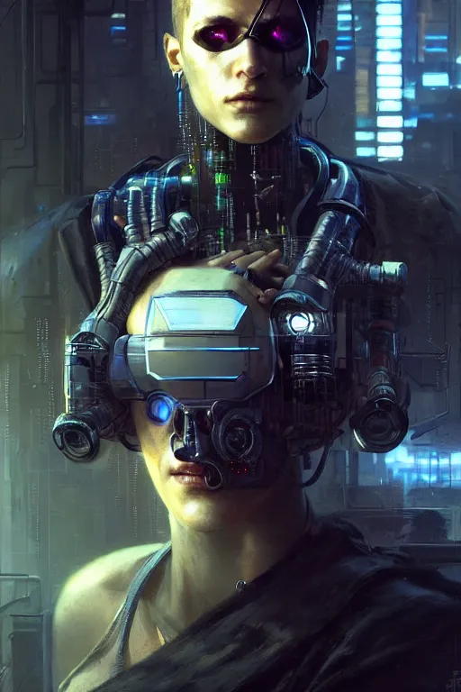 Image similar to a contempory smart cyberpunk hacker a cybernetic eyepatch, upper body, highly detailed, intricate, sharp details, dystopian mood, sci-fi character portrait by gaston bussiere, craig mullins