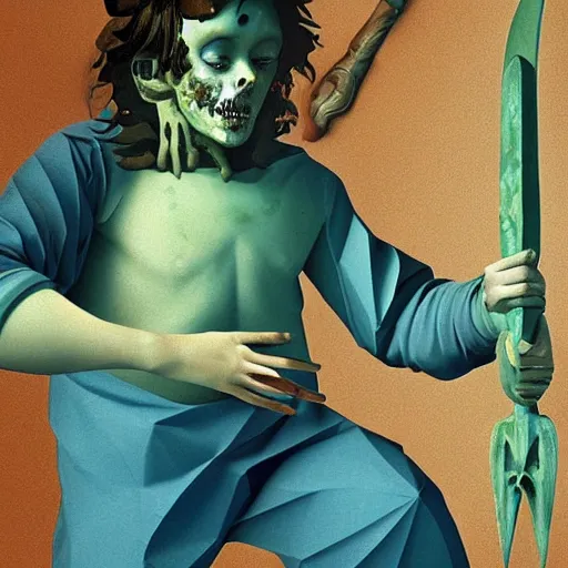 Prompt: low poly painting by caravaggio of a drowned zombie holding a trident with glowing cyan eyes, wearing ragged clothing, holding a trident, underwater, pastel green and blue color palette