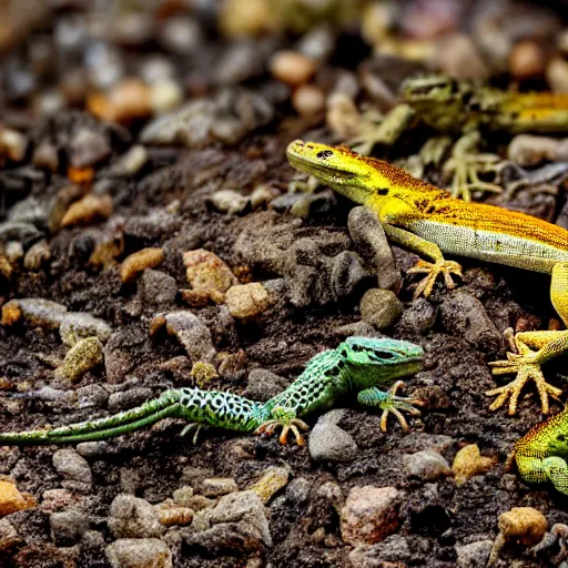 Image similar to a national geographic photograph of dozens of lizards on a huge pile of feces.