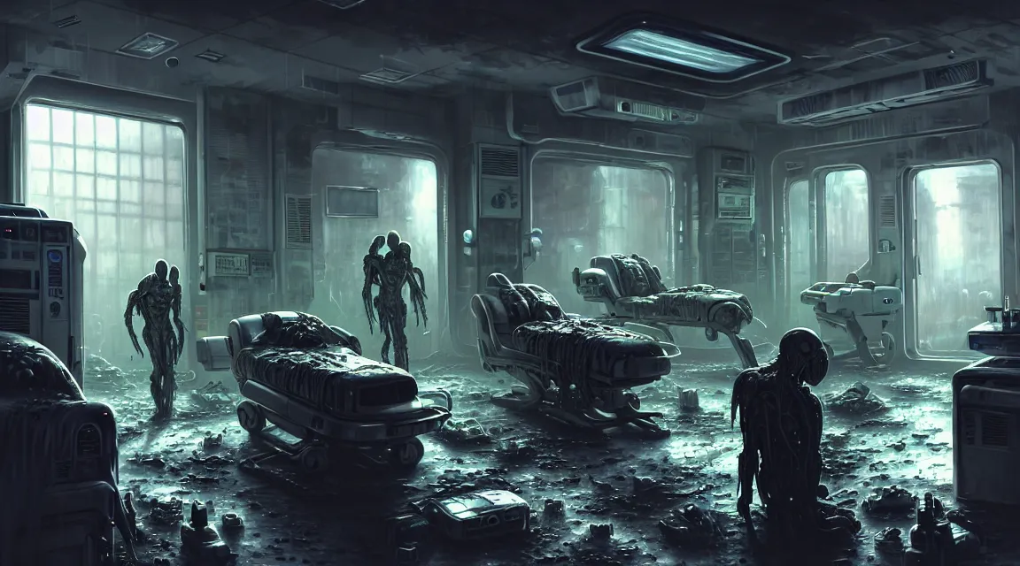 Prompt: grey aliens inside a post apocalyptic room interior, hospital interior, human silhouettes, by thomas kinkade trending on artstation, photorealistic, hyper detailed, hyper realistic, cyberpunk 2 0 7 7 vibrant colors, small blood stains on the walls, corpses floor, weapon damage