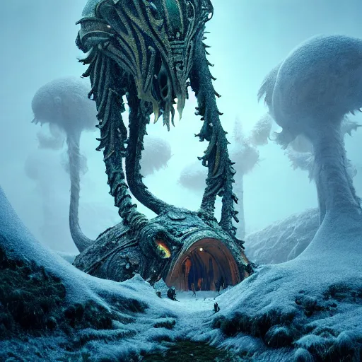 Image similar to a giant creature in a lush tundra vegetation, snow snow : : by michal karcz, daniel merriam, victo ngai and guillermo del toro : : ornate, dynamic, particulate, intricate, elegant, highly detailed, centered, artstation, smooth, sharp focus, octane render, 3 d