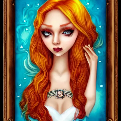 Prompt: Portrait of a beautiful Woman with red hair, yellow eyes by Tim Shumate by Jeremiah Ketner