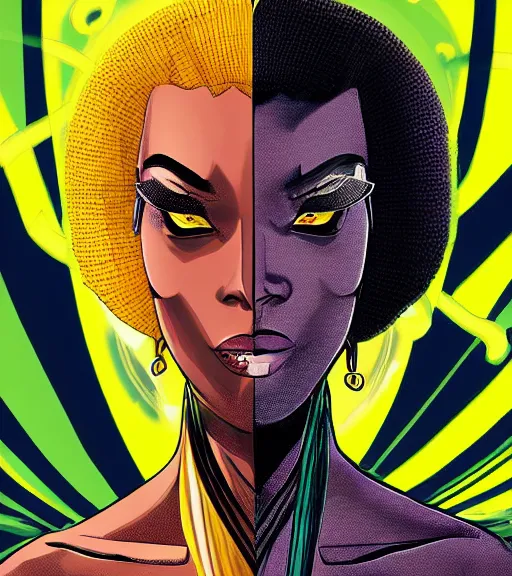 Image similar to a digital painting of a black female android with futuristic hair and yellow make-up, a comic book panel by Craig Thompson, behance contest winner, afrofuturism, marvel comics, official art, artstation hq