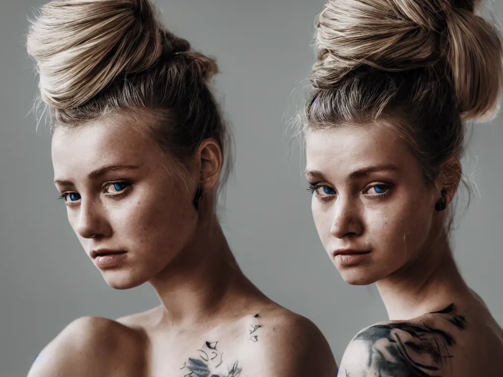 Image similar to photorealistic head and shoulders photo of one!!! beautiful blonde girl with messy bun facing away from the camera, 3 5 mm, confident, tattoos, octane render, bokeh, 4 k, fashion pose, cinematic, national geographic photo shoot,