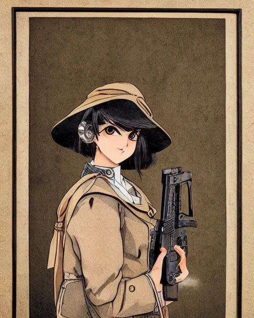 Image similar to portrait of a girl holding a pistol, detailed manga art panel, professional