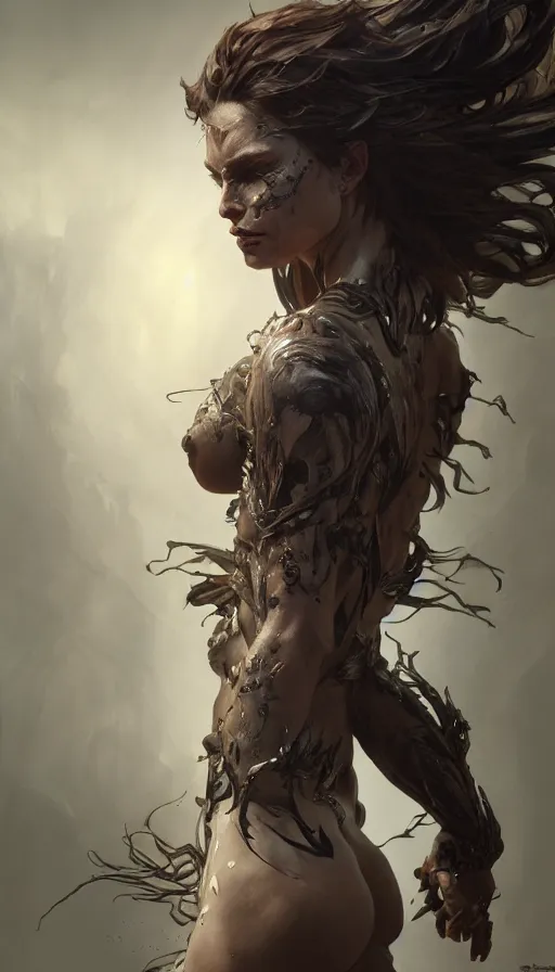 Image similar to savage beauty, sweaty, dynamic action pose, insane, intricate, highly detailed, digital painting, artstation, concept art, smooth, sharp focus, illustration, Unreal Engine 5, 8K, art by artgerm and greg rutkowski and alphonse mucha