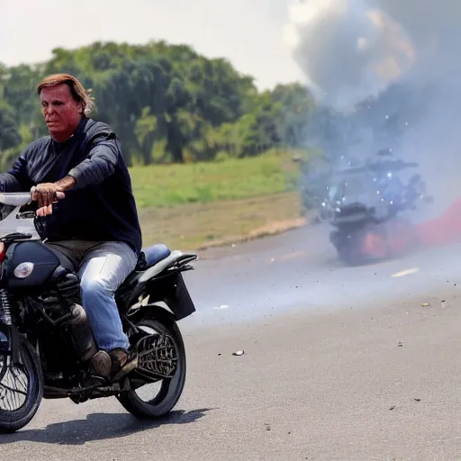 Prompt: chad president jair messias bolsonaro, riding a motorcicle with explosions on the background