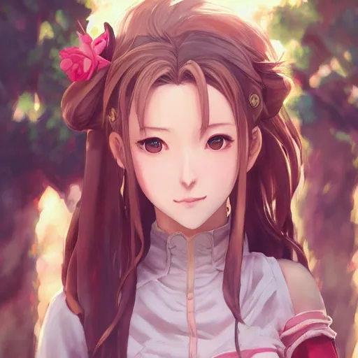 Image similar to alternate outfit of aerith gainsborough by WLOP, rossdraws, Logan Cure, Mingchen Shen, BangkuART, sakimichan, yan gisuka, JeonSeok Lee, zeronis, Chengwei Pan on artstation