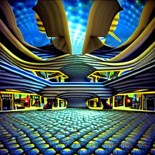 Prompt: hyperrealism photography computer simulation visualisation of parallel universe mall in surreal scene from art house movie from nefuturistic sci - fi setting by caravaggio rendered in mandelbulb 4 d