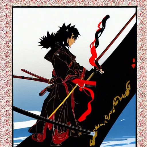 Image similar to samurai Champloo Samuel Jackson samurai walking with shiefed katana, in style of samurai Champloo anime