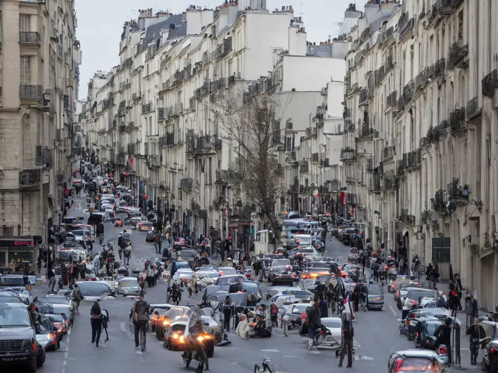 Prompt: rue parmentier with traffic and people partying