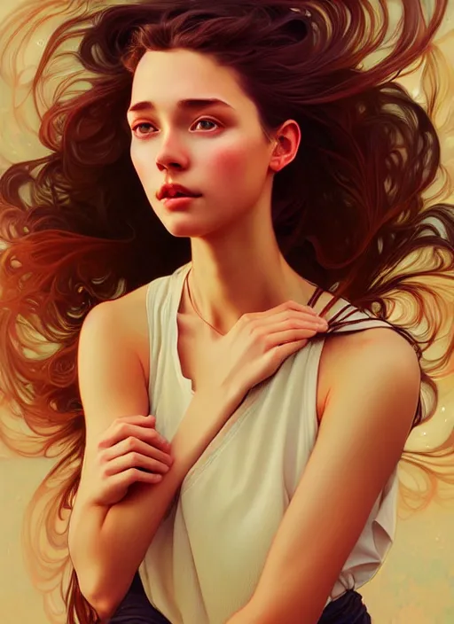 Image similar to handsome young women with shoulder length brown hair, half body shot, path traced, highly detailed, high quality, digital painting, alena aenami, lilia alvarado, shinji aramaki, karol bak, alphonse mucha, tom bagshaw