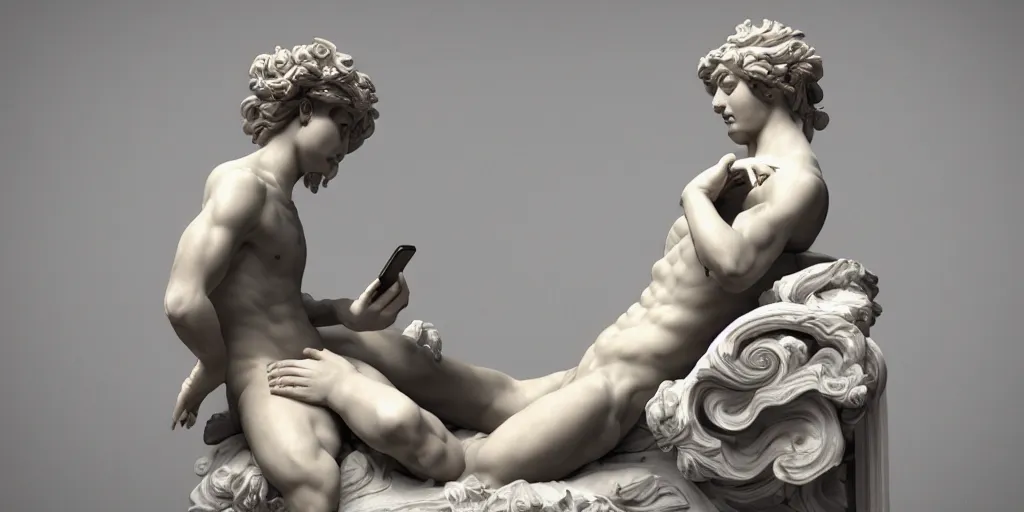 Image similar to baroque delicate full-body marble sculpture of handsome teenage demon boy laying back with arm behind his head while checking his notifications on his phone, red silk flowing fabric, marble white columns, black plastic, black tar particles, iridescent accents, sakura color scheme, intricate artwork by caravaggio, Trending on artstation, octane render, cinematic, hyper realism, octane render, 8k, depth of field, bokeh