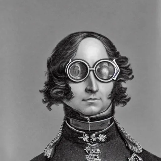 Prompt: realistic photo of napoleon wearing big steampunk googles, photo by gustave baumann