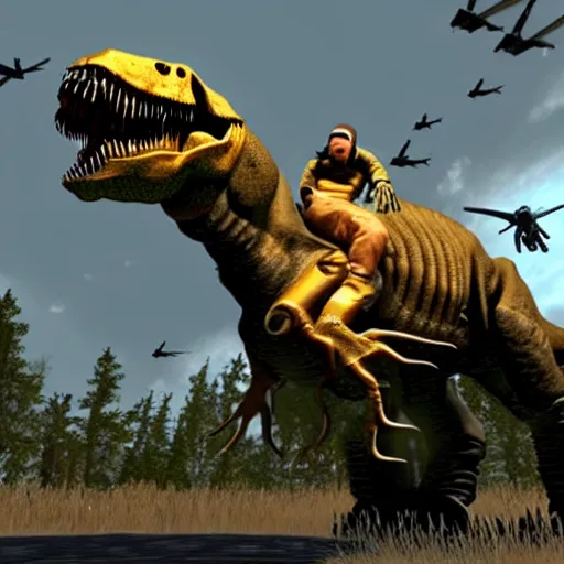 Prompt: a guard riding a t-rex in Half-Life 2