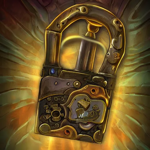 Image similar to a steampunk keyed padlock 🔒 🔑, fantasy digital art, magical background in the style of hearthstone artwork