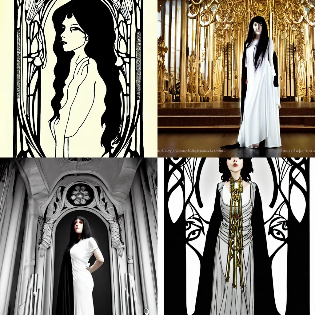 Prompt: studio light, art nouveau temple, long shot black haired priestess in white flowing dress, art nouveau, clean lines