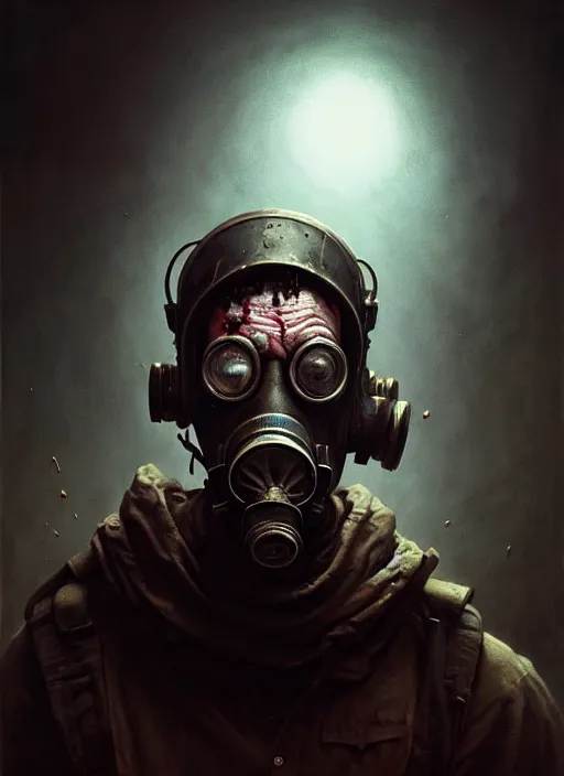 Image similar to closeup realistic portrait of a zombie with a gasmask, backlit, oil painting, concept art, filip hodas, john howe, mike winkelmann, jessica rossier, andreas rocha, bruce pennington, albert bierstadt, peter mohrbacher, donato giancola, joseph christian leyendecker, wlop, boris vallejo