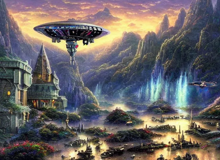 Prompt: beautiful aliens with there spaceship, 8 k, matte painting, in the style of artist, thomas kinkade