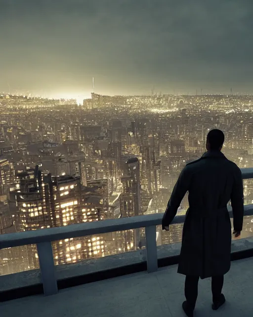 Prompt: a night rooftop scene, close up shot of a photorealistic gangster wearing a trench coat looking at the city below, unreal engine, hyper realism, realistic shading, cinematic composition, 4K ultra high resolution