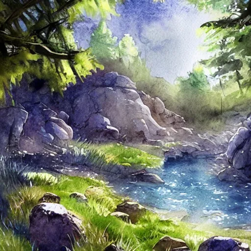 Prompt: beautiful happy picturesque charming sci - fi organic homes in a beautiful natural scene. water, trees and rocks. beautiful light. soft colour scheme. beautiful artistic detailed watercolor by lurid. ( 2 0 2 2 )