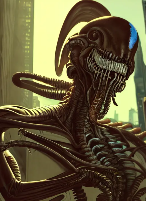 Image similar to highly detailed portrait of xenomorph in gta v, stephen bliss, unreal engine, greg rutkowski, loish, rhads, beeple, makoto shinkai and lois van baarle, ilya kuvshinov, rossdraws, tom bagshaw, alphonse mucha, global illumination, god rays, detailed and intricate environment