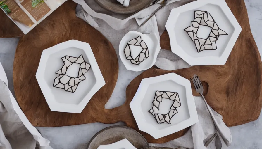 Prompt: recipe blog photo of a geometric tessellating dessert on a ceramic plate, top-down view