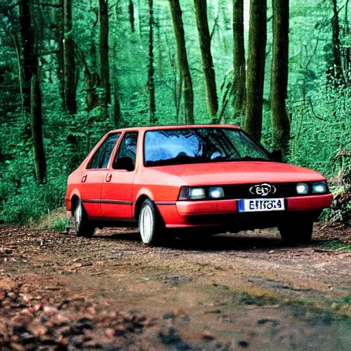 Image similar to stained old picture of an Audi 80 B4 driving in the forest at daytime, photography, framed