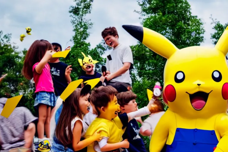 Prompt: a group of children are crowded around a life size pikachu and they looking directly it and they are laughing at it