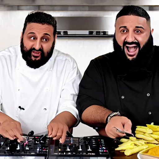 Image similar to ethan klein from the h 3 podcast and dj khaled on an episode of hell's kitchen