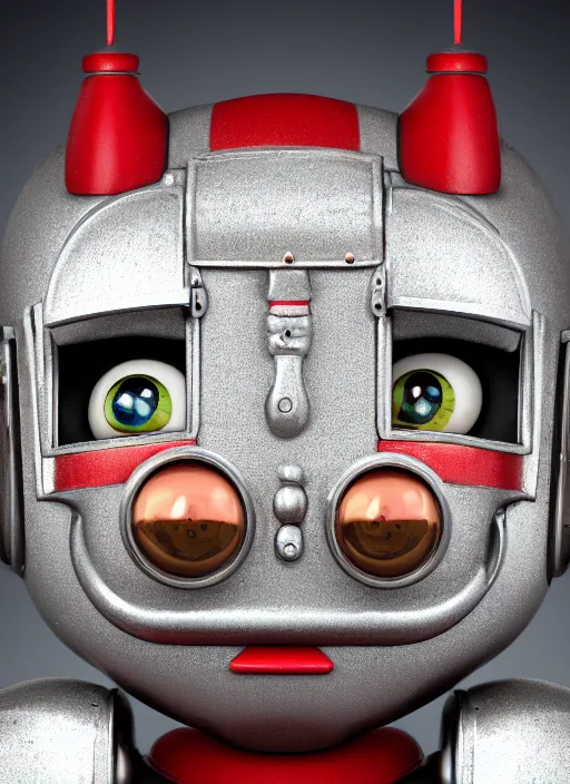 Image similar to closeup portrait of a retro tin toy robot, depth of field, zeiss lens, detailed, symmetrical, centered, fashion photoshoot, by nicoletta ceccoli, mark ryden, lostfish, earl nore, hyung tae, frank frazetta, breathtaking, 8 k resolution, extremely detailed, beautiful, establishing shot, artistic, hyperrealistic, octane render