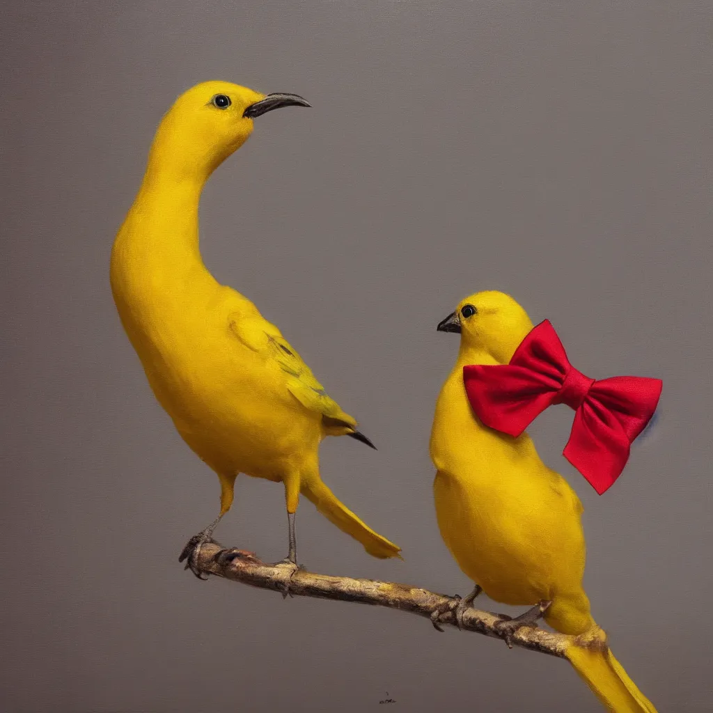 Image similar to A beautiful and elegant oil painting of a yellow bird wearing a crown and a red bow tie, 50mm lens, studio lighting, oil painting, matte, close up, 4k, by Sandro Boticceli