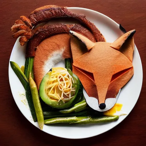 Image similar to studio photography of dinner food in the shape of a fox