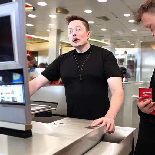 Prompt: Elon musk working at Burger king, Elon musk working the register at a fast food place