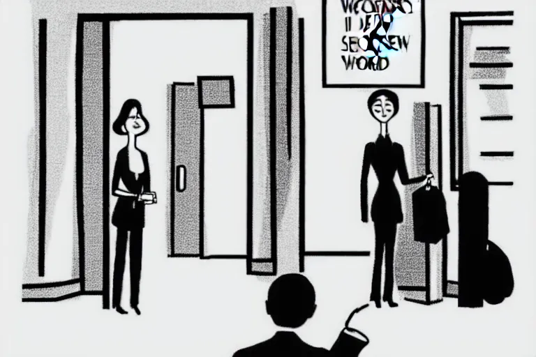 Prompt: tall, security guard checks the bags of a worried looking woman, art in the style of the new yorker, ed koren