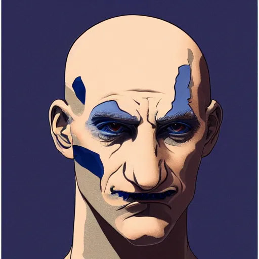 Image similar to prussian blue by tomer hanuka imposing, sigma 8 5 mm f / 1. 4. a beautiful body art of a giant head. the head is bald & has a big nose. the eyes are wide open & have a crazy look. the mouth is open & has sharp teeth. the neck is long & thin.