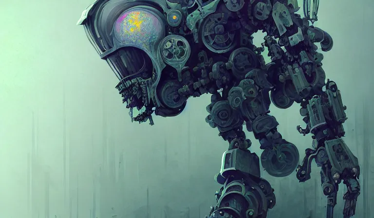 Image similar to muted ombre matte painting beautiful sinister alabaster neogothic skullpunk spirit doctor dismantling the iridescent enchanted intergalactic mecha garden, man machine chimeric beholder polyphemous power crystals psychotropic tessalating frequencies singularity artgerm wlop james jean andrei riabovitchev marc simonetti yoshitaka amano artstation, cgsociety