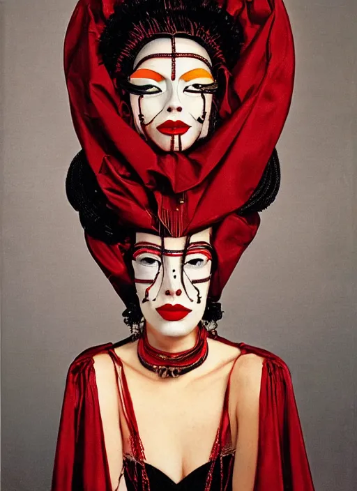 Image similar to an 8 0 s portrait of a woman with dark eye - shadow and red lips with dark slicked back hair, a mask made of wire and beads, dreaming acid - fueled hallucinations, hallucination psychedelic by serge lutens, rolf armstrong, delphin enjolras, peter elson, red cloth background, frilled puffy collar