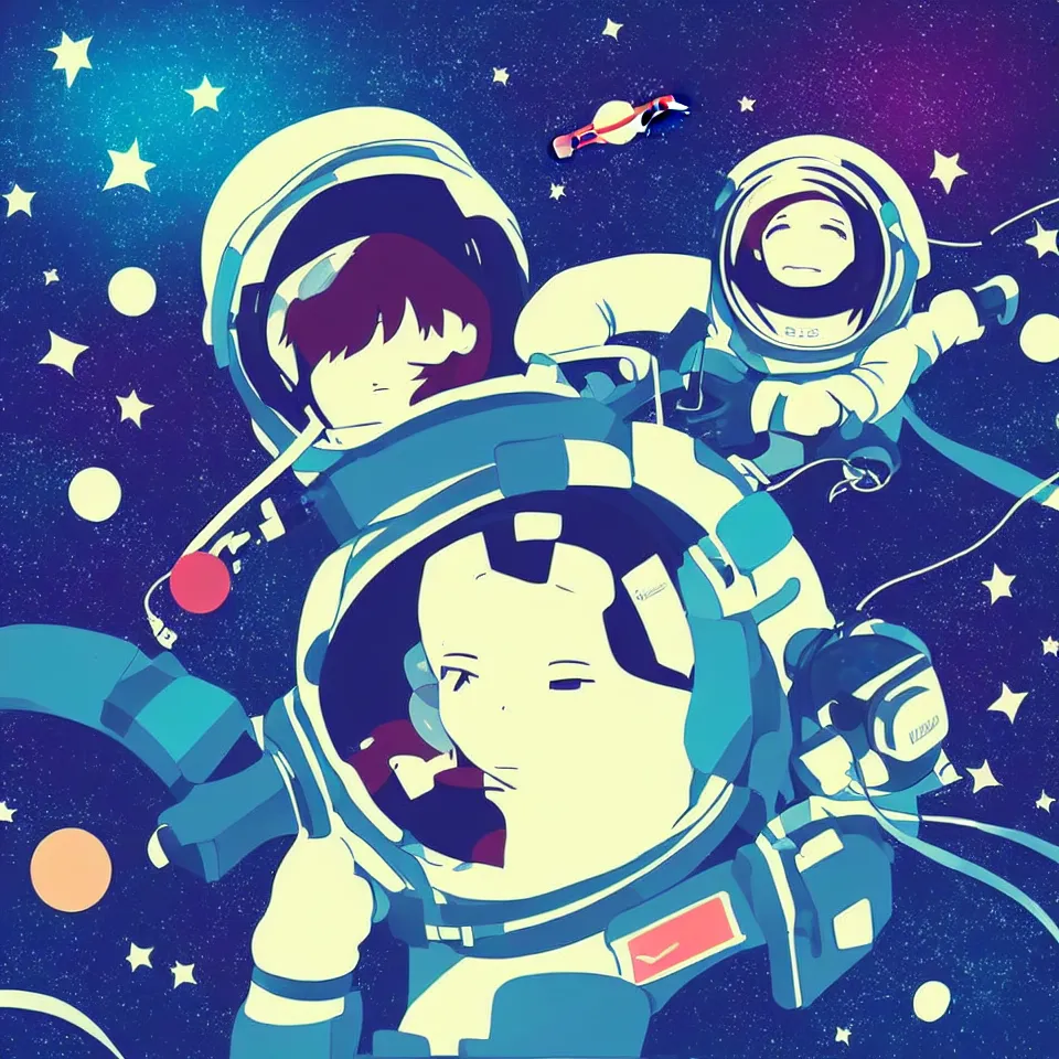 Prompt: anime astronaut with headphone playing keyboard in the space, vintage retro colors, beautiful