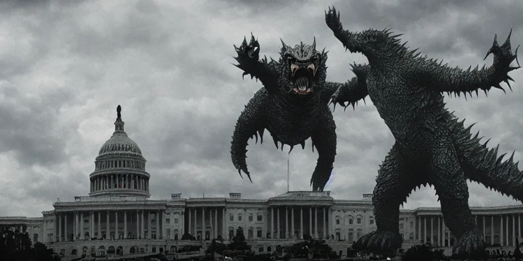 Image similar to Kaiju Trump attack Capitol, film still