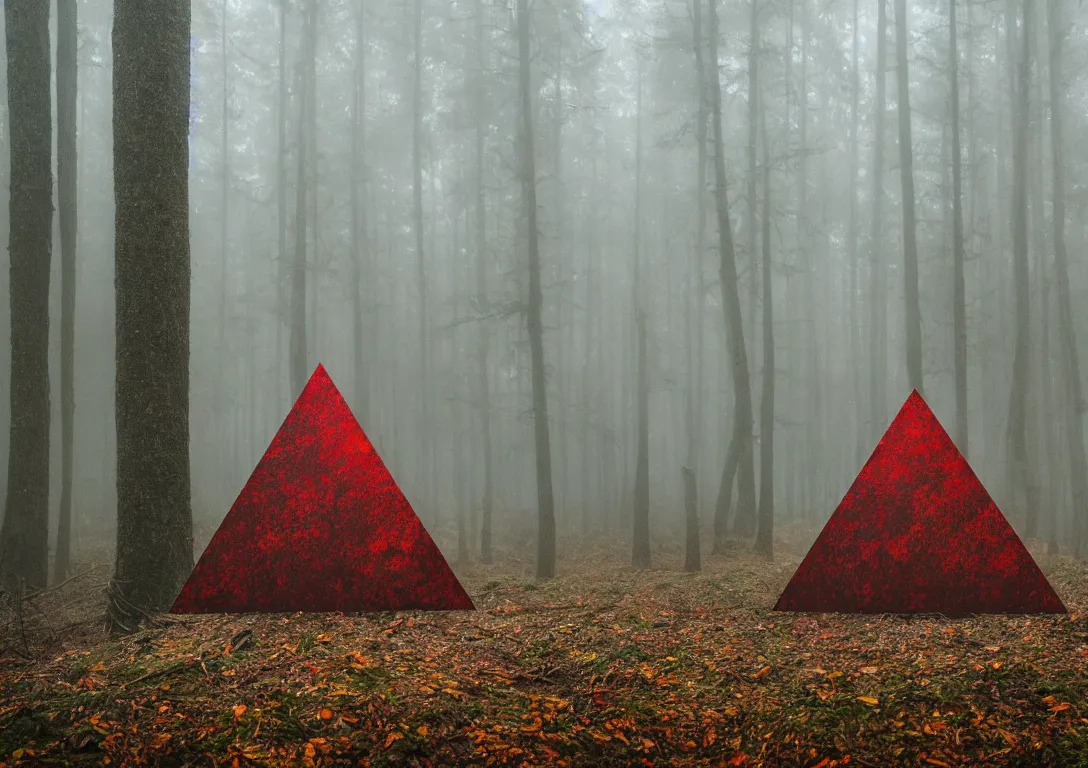 Image similar to a triangular golden structure in a foggy forest, detailed photography, dennis velleneuve, vivid colors, ultra realistic, 8 k, photography