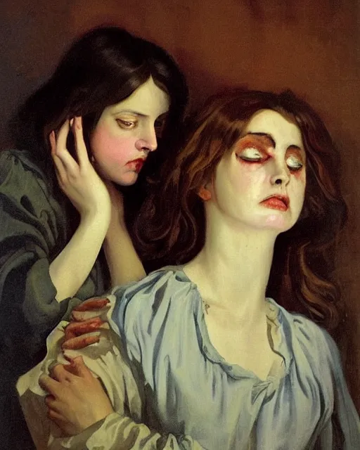 Image similar to a baroque painting of two beautiful but creepy siblings wearing linen shirts in layers of fear, with haunted eyes and dark hair, 1 9 7 0 s, seventies, wallpaper, a little blood, morning light showing injuries, delicate embellishments, painterly, offset printing technique, by brom, robert henri, walter popp