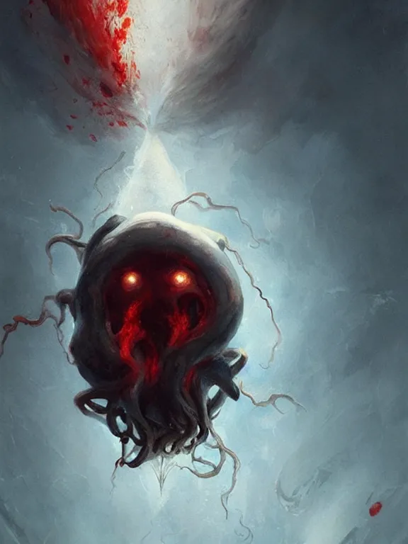 Image similar to painting by greg rutkowski a flying human head with tears running down it's face face that is chalk white in color, with long white!! tentacles!! coming out of the neck, fiery scorching red eyes, flying in a terrying hellish dark cavernous place