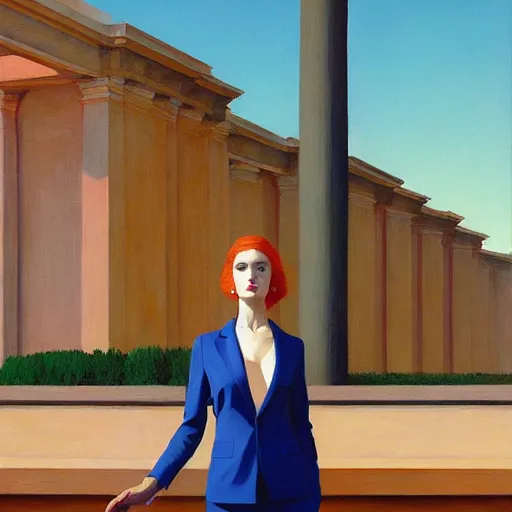 Image similar to Portrait of greek goddess wearing a business suit , very coherent, painted by Edward Hopper, Wayne Barlowe, painted by James Gilleard, airbrush, art by JamesJean