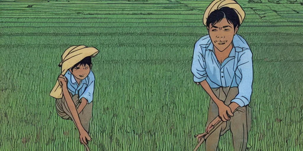 Prompt: sri lankan paddy field farmer, drawn by hayao miyazaki