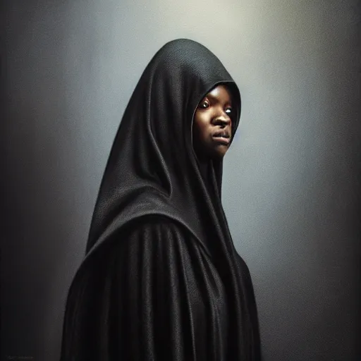 Image similar to a portrait of a young black woman wearing a long dark cloak, hood and shadows covering face, anatomically correct, beautiful perfect face, enigmatic, oil painting, matte painting, black background, Volumetric Golden dappled dynamic lighting, Highly Detailed, Cinematic Lighting, Unreal Engine, 8k, HD, by Beksinski