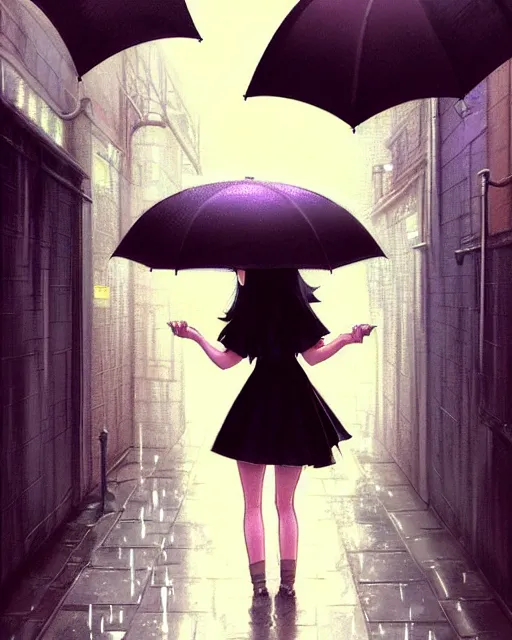 Image similar to cute girl with umbrella in the rain, walking in an alley. | very very anime!!!, fine - face, audrey plaza, realistic shaded perfect face, fine details. anime. realistic shaded lighting poster by ilya kuvshinov katsuhiro otomo ghost, magali villeneuve, artgerm, jeremy lipkin and michael garmash and rob rey