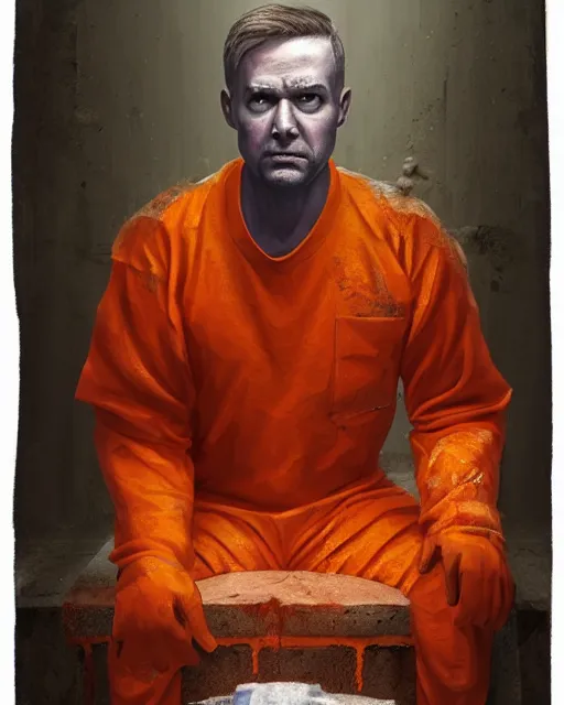 Prompt: a head and shoulders portrait of Donald wearing orange prison clothing, sitting on a toilet holding a bible in a filthy rat infested concrete jail In a maximum security prison, dimly lit, volumetric lighting,, craig mullins octane, 8k,