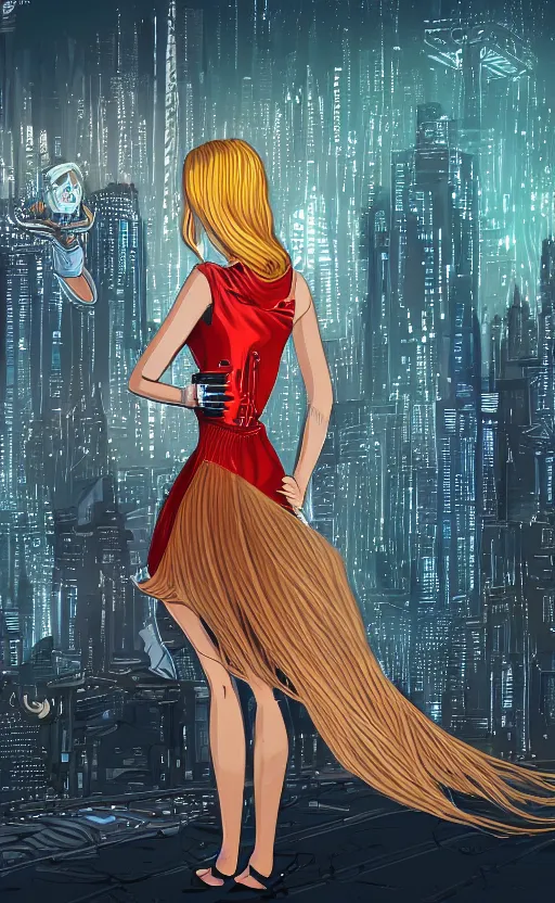 Prompt: a cartoonish portrait of a beautiful blonde woman wearing a cocktail dress, with long hair, in a futuristic blade runner city, illustration art by Sam Yang, 8K