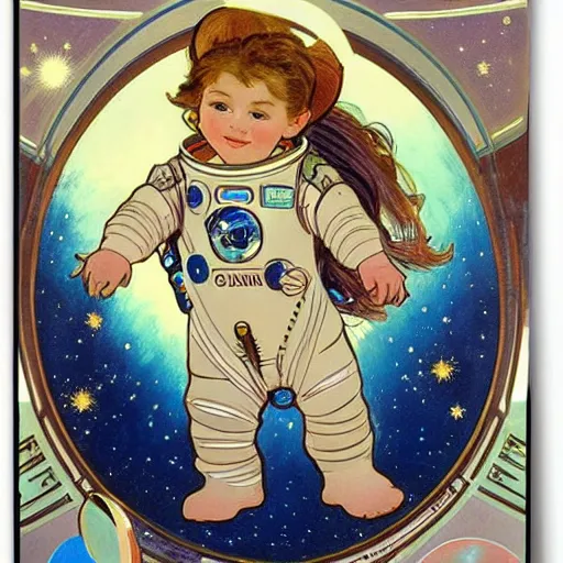 Image similar to a cute little girl with a round cherubic face, blue eyes, and short wavy light brown hair smiles as she floats in space with stars all around her. she is an astronaut, wearing a space suit. beautiful painting with highly detailed face by alphonse mucha and quentin blake